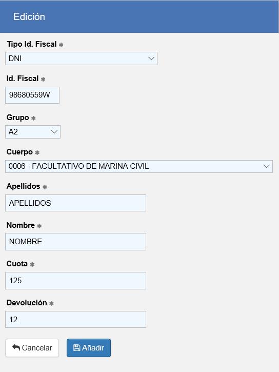 El usuario cumplimenta los datos del formulario y pulsa en "Añadir".