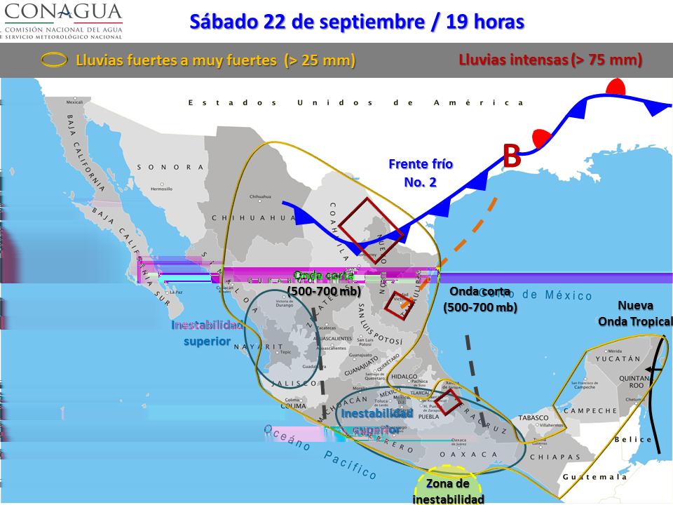 Tormentas muy fuertes a puntuales intensas (75 a 150 mm): Oaxaca, Veracruz, Tabasco y Chiapas. Tormentas fuertes a puntuales muy fuertes (50 a 75 mm): Jalisco, Michoacán, Guerrero y Puebla.