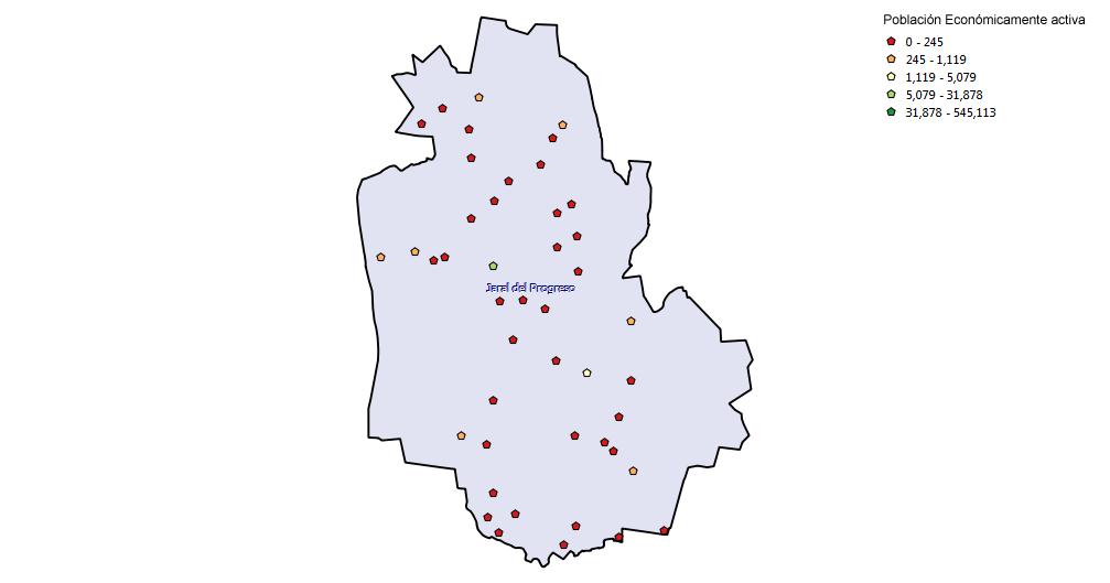 En la Figura 4 se observan las localidades por número de PEA del municipio de estudio. Figura 4. Localidades con población económicamente activa. Fuente: INEGI 2010.