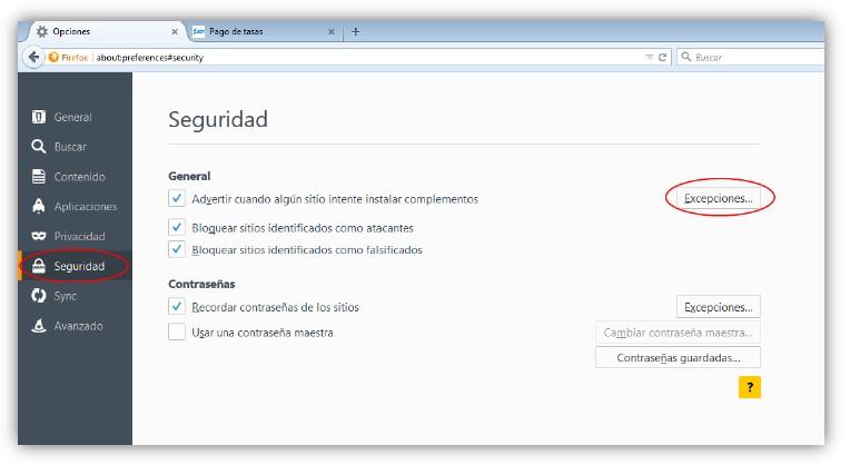 3.4 Seguridad En las opciones de configuración de Firefox, se selecciona la pestaña izquierda de Seguridad.