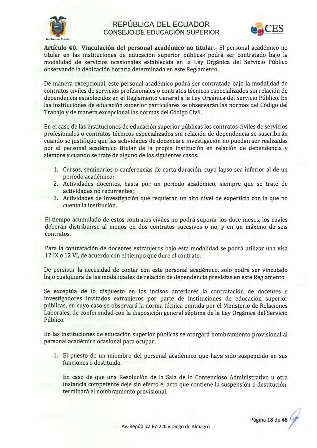 Republica del Ecuador Artículo 40.- Vinculación del personal académico no titular.