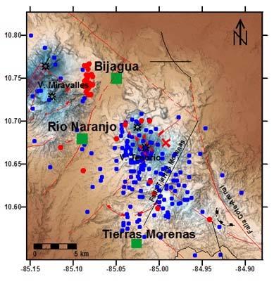 Fig. 9: Distribución de los sismos en el volcán Tenorio y alrededores durante el 2010.