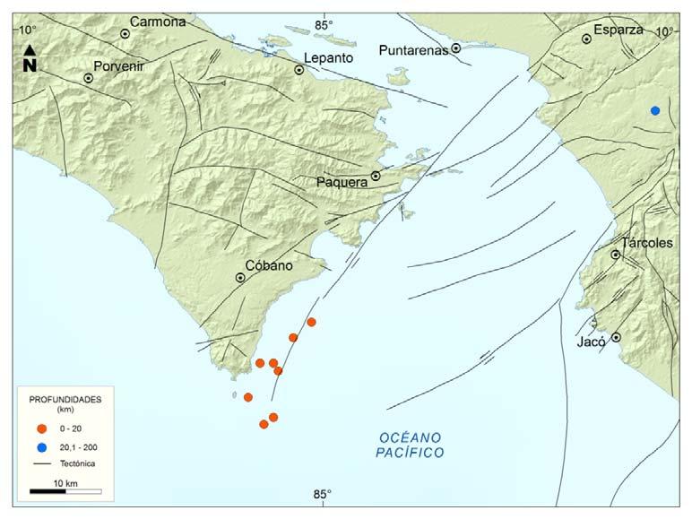 de subducción de la placa del Coco bajo la placa Caribe, en la costa del Pacífico y otros cerca del extremo sureste de la península de Nicoya asociados a fallamiento de rumbo.