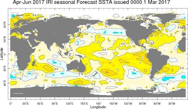 NATL Niño 3.4 Niño 1+2 SATL Fig. 7: Pronóstico de las anomalías de temperatura superficial del mar ( C) a nivel global, para el trimestre abril-junio (AMJ) 2017.