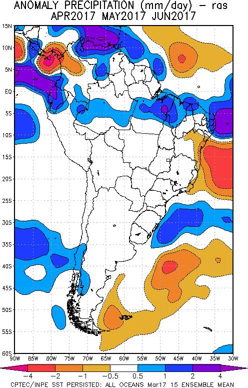 Fig. 10: Pronóstico de las anomalías de la precipitación (mm/día) método ras para el trimestre AMJ del 2017 en América del Sur, con datos observados del mes de marzo. Fuente: CPTEC/INPE. VI.