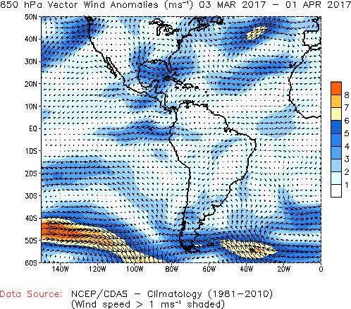 b) Anomalías de la Circulación Atmosférica Se observó una débil incursión de vientos provenientes del Atlántico tropical norte en el extremo norte del continente.