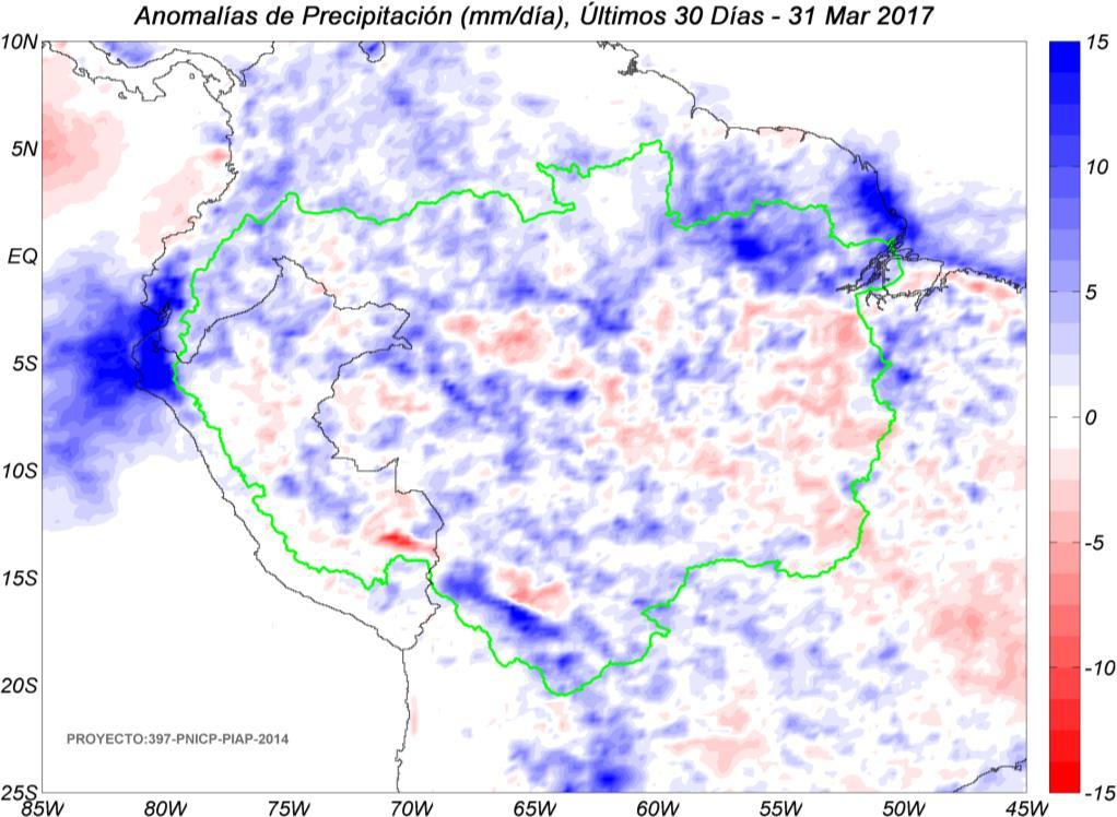 Fig. 4: Anomalías de precipitación estimadas por el TRMM-RT en mm/día hasta 31 de marzo de 2017. Las anomalías fueron calculadas con respecto al periodo base promedio 2000-2016.