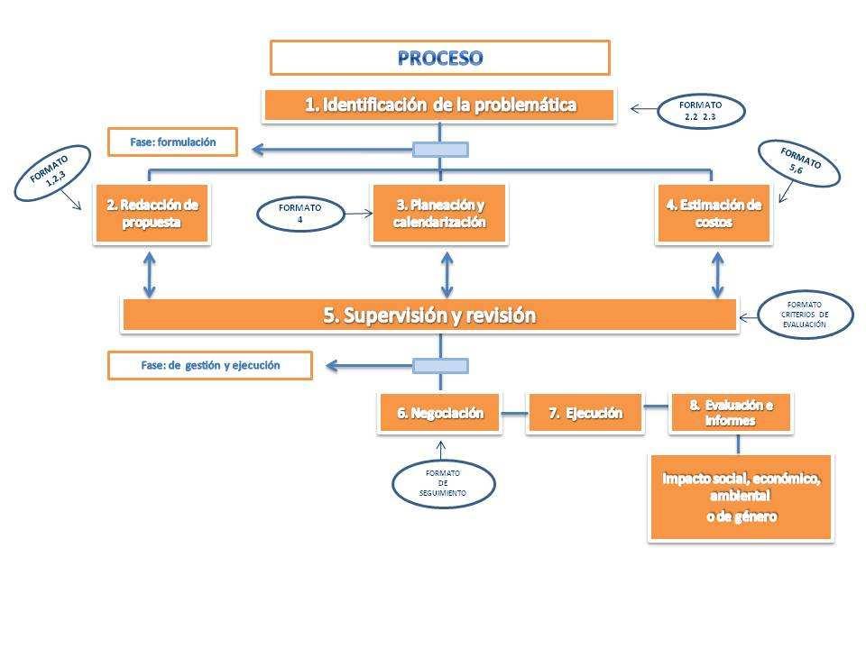 FORMATOS Y CICLO DEL PROYECTO El llenado de los 6 formatos propuestos, permiten cumplir con todos los pasos de la fase de formulación del ciclo del proyecto: identificación de la problemática,