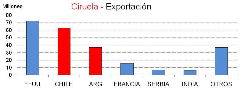 Ciruela - Industria Chile 1º-2º exportador Argentina 3º-4º Exportación concentrada 4 primeros exportan al 75% EEUU Francia Chile-Arg considerada mejor calidad, gran mercado local exporta 40% gran