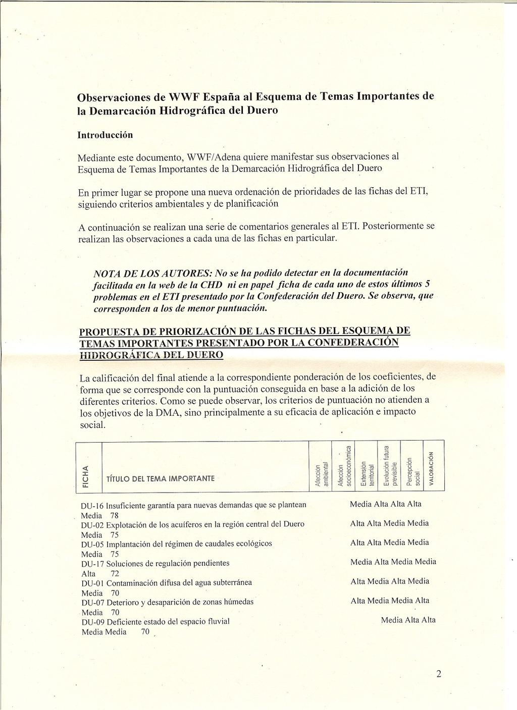 Observaciones de WWF España al Esquema de Temas Importantes la Demarcación Hidrográfica del Duero de Introducción Mediante este documento, WWF/Adena quiere manifestar sus observaciones al Esquema de