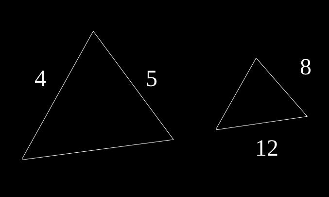 7) Calcula la longitud (en centímetros) de los lados desconocidos de este par de triángulos semejantes.