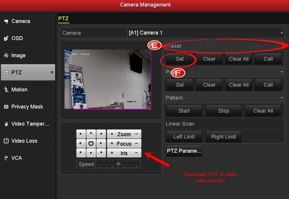 Mediante el control de PTZ se posiciona la cámara al punto deseado, en la interfaz se mostrará la opción Preset (E) en la cual seleccionamos el número de