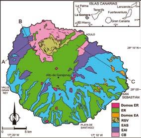 Figura 2. Mapa geológico simplificado de La Gomera y situación de los cortes representativos de la figura 6 (modificado de Ancochea et al., 2006).