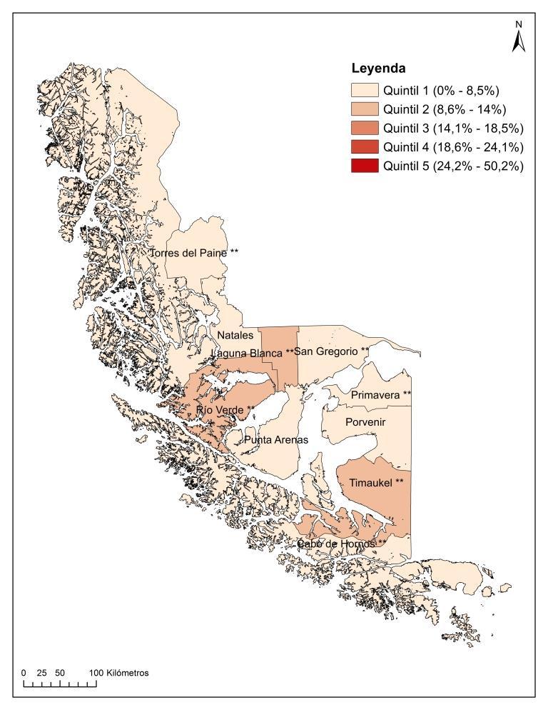 Porcentaje de población en situación de Pobreza por Ingresos en comunas de la Región de Magallanes y Antártica Chilena (2015) Porcentaje de población en situación de Pobreza Multidimensional en