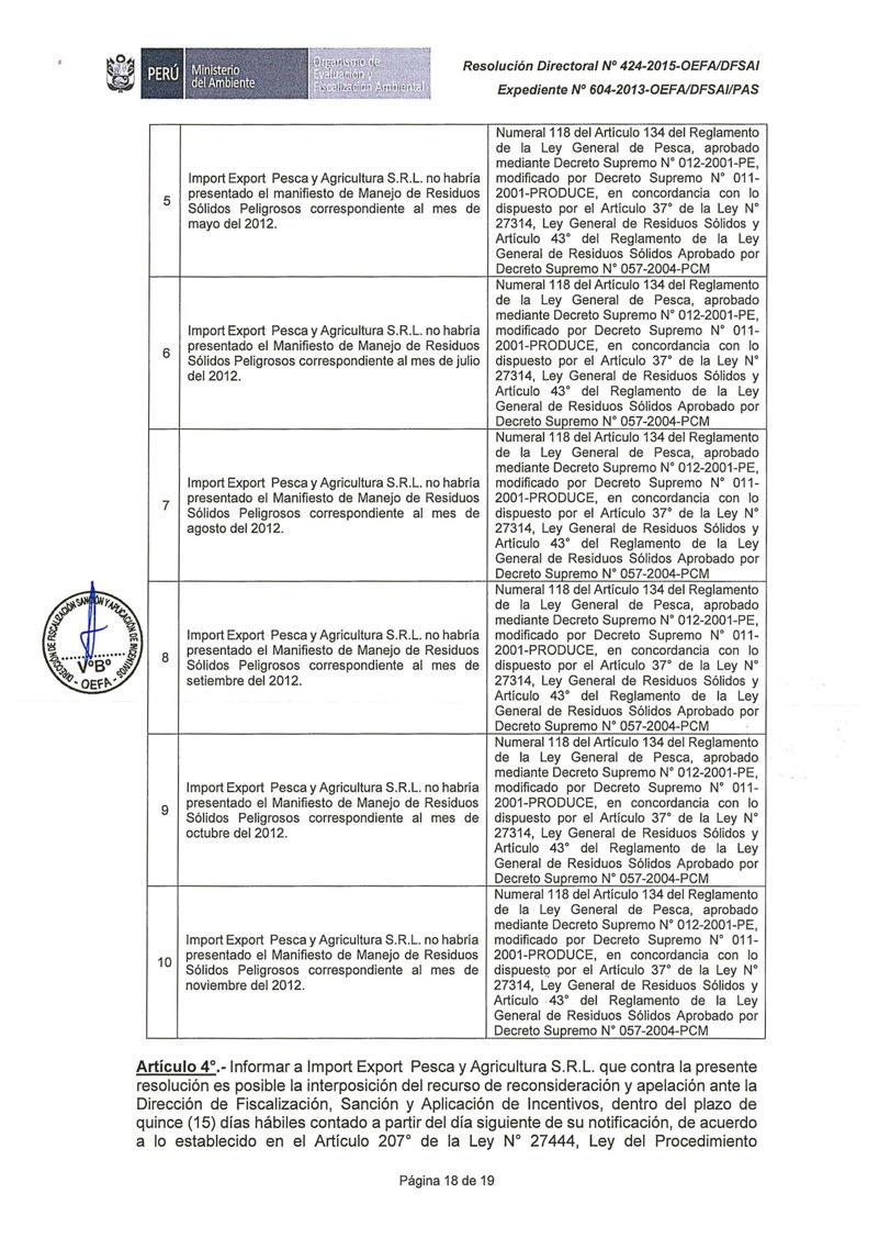 .. Ministerio... del Ambiente. ' ' Resolución Directora/ Nº 424-2015-0EFAIDFSAI Expediente N 604-2013-0EFAIDFSAI/PAS 5 6 7 8 9 10 lmport Export Pesca y Agricultura S.R.L.