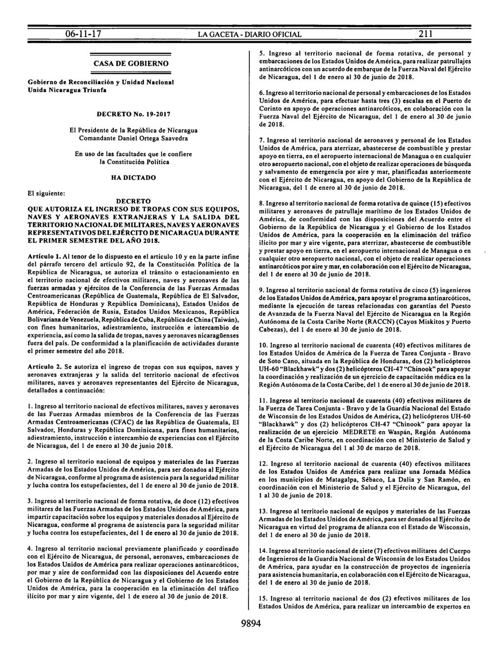 CASA DE GOBIERNO Gobierno de Reconciliación y Unidad Nacional Unida Nicaragua Triunfa DECRETO No.
