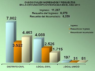 49 Anuario Estadístico 215 4.3.2 Materia Civil En el año 215 ingresaron 11,287 casos, se observa un aumento de 8.% (832) con relación al año anterior; los despachos de Distrito Civil reportaron 62.
