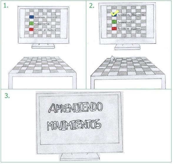 Ejemplo: Ajedréz Aumentado (2) En la pantalla aparece una imagen con un tablero de ajedrez y 3 casillas iluminadas de diferente color que