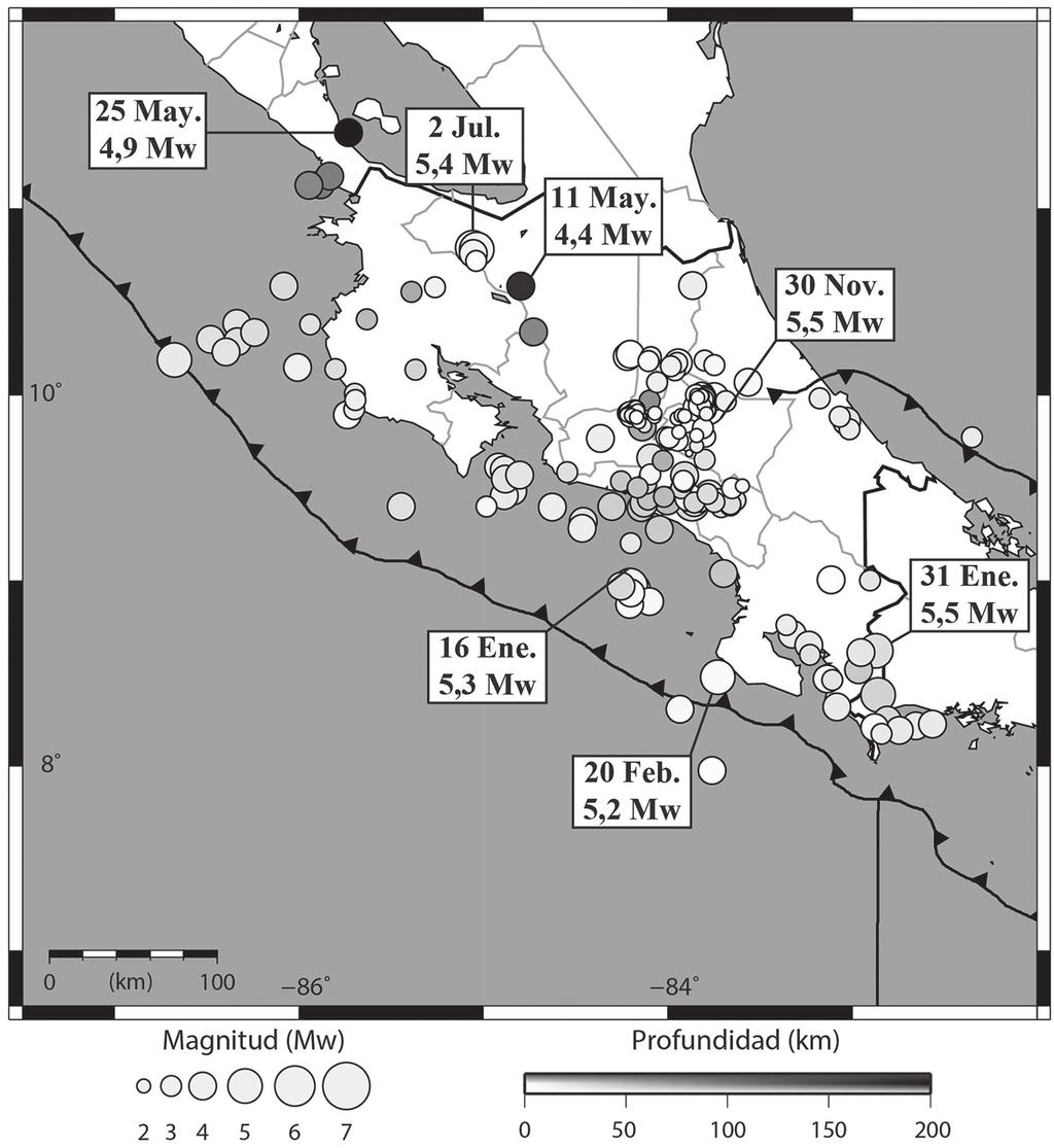 120 REVISTA GEOLÓGICA DE AMÉRICA CENTRAL Fig. 2: Ubicación epicentral de los sismos sentidos durante el 2016 en Costa Rica. fueron percibidos por la población (Fig.