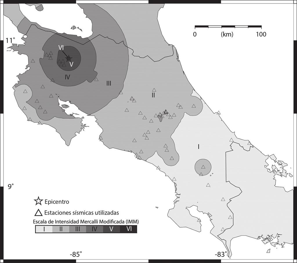 Porras et al.: Sismicidad registrada por la RSN en el 2016 125 Fig. 7: Mapa de la sacudida del terreno determinado por la red de instrumentos de la RSN para el sismo de Bijagua el 2 de julio (Mw 5,4).