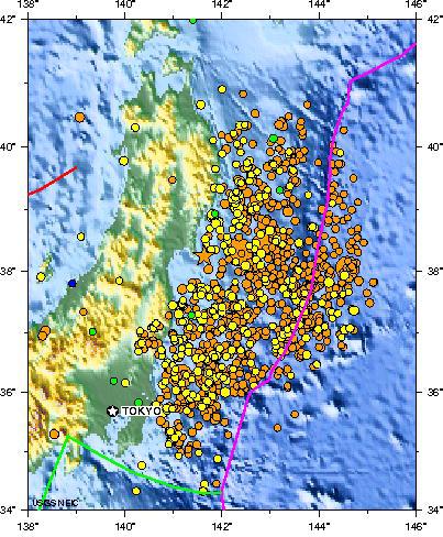 Ploteados se encuentran los terremotos en 2011 en la región norte de Honshu como fue determinado por el Centro Nacional de Información de Terremotos del Servicio Geológico de los