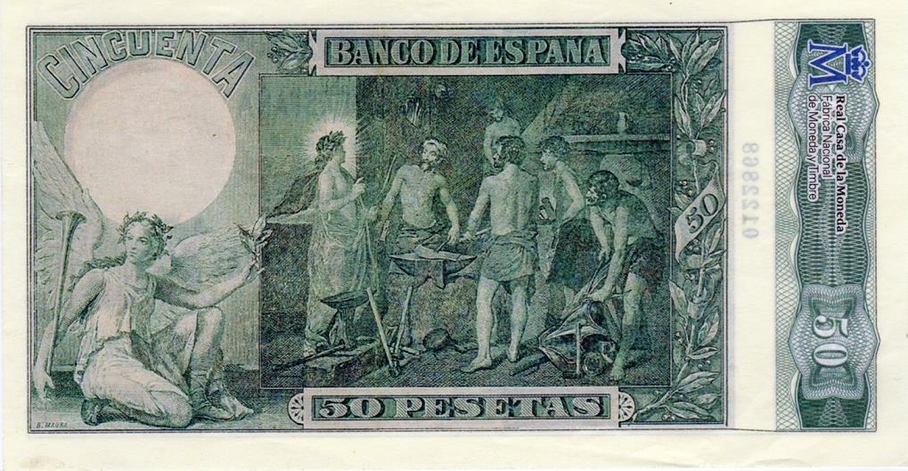 Banco de España, cincuenta pesetas, 1902 (reverso) La segunda emisión está