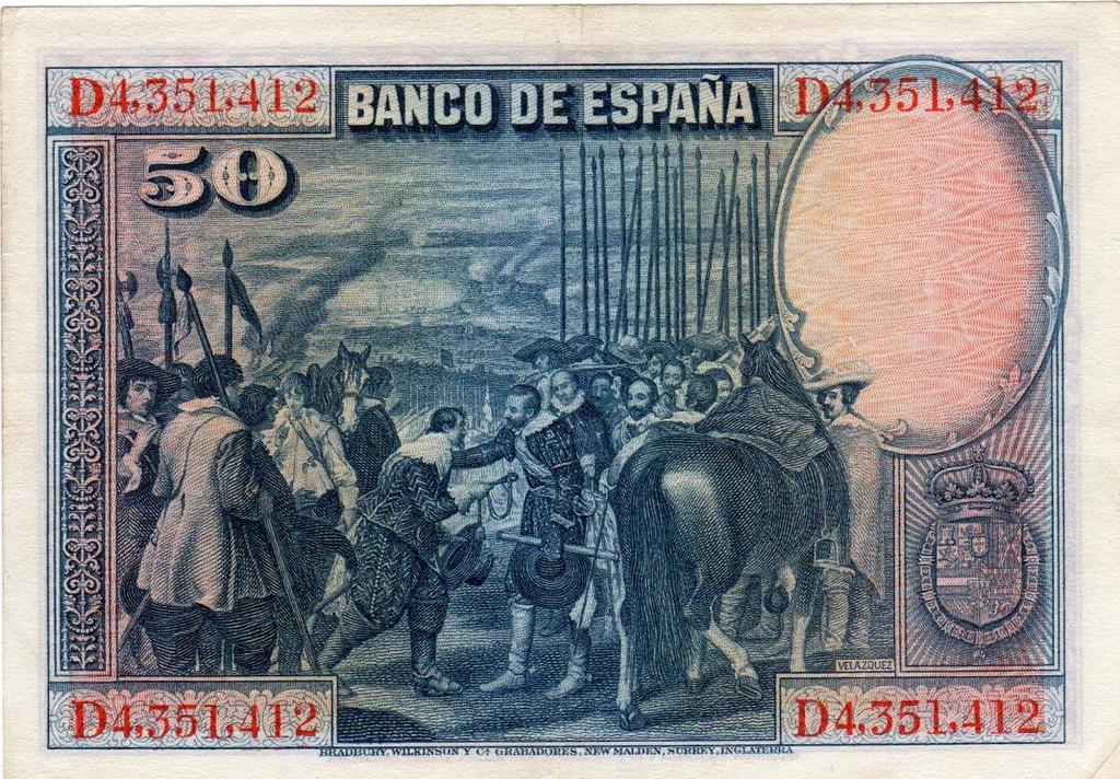 Banco de España, cincuenta pesetas, 1928 (reverso) José A. Gómez.