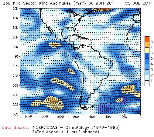La figura 2 muestra una anomalía de viento (m/s) del oeste particularmente sobre el Océano Pacífico oriental (anomalías más altas) y Centroamérica.