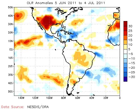 La anomalía de Radiación de Onda Larga (OLR, por sus siglas en inglés) muestra que en gran parte de la región centroamericana continental predominó un patrón normal en relación a la