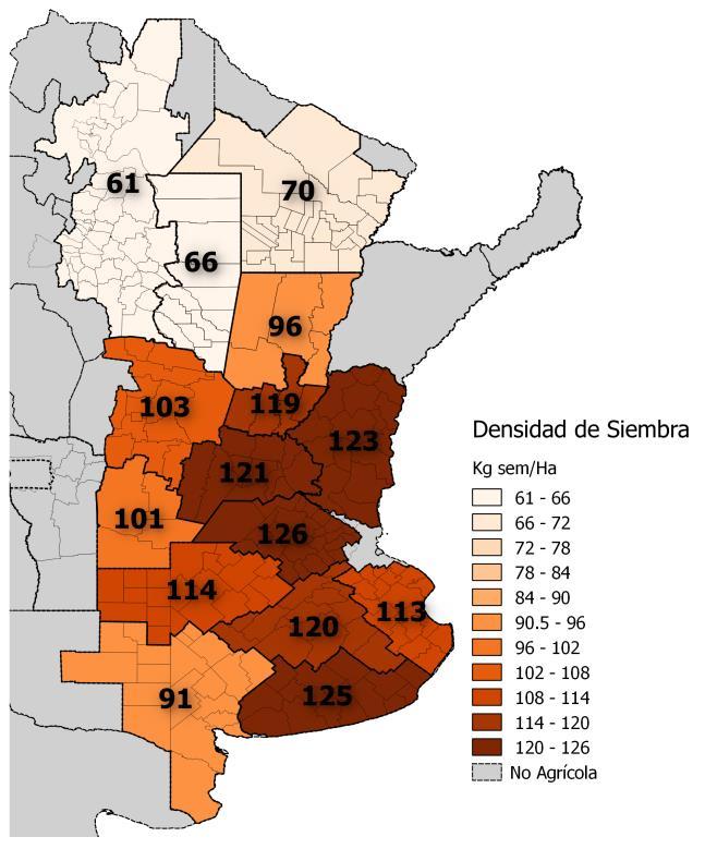 Kilos de semilla / Hectárea Manejo a la siembra: Uso de semilla, promedios nacionales y regionales TRIGO CEBADA Densidad de siembra promedio en Argentina (Kg sem.