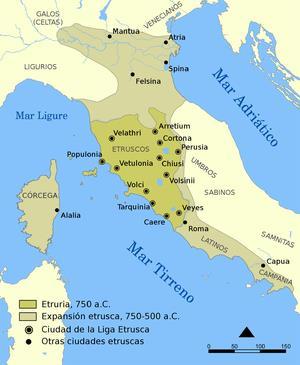 Los etruscos fueron un pueblo de la antigüedad cuyo origen no está nada claro y cuyo núcleo geográfico fue la Toscana, en el norte de Italia, entre los ríos Arno y Tíber Nunca llegaron a formar un