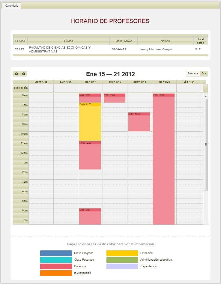 4. Se muestra el calendario con las actividades registradas por semana, diferenciando por color cada tipo de actividad. 5.
