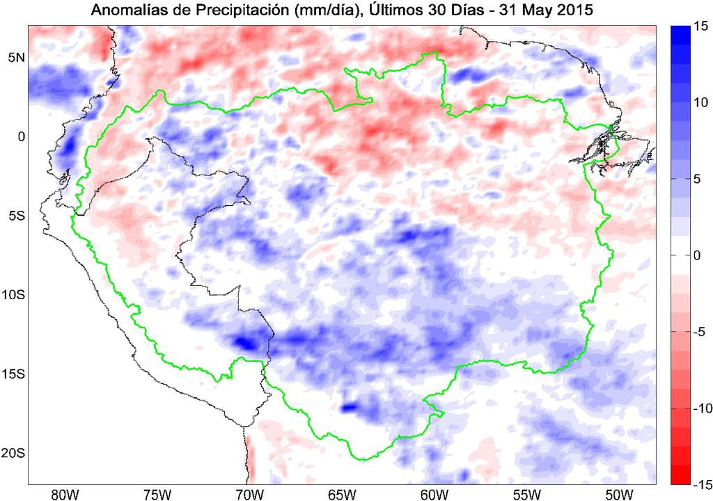 Fig. 5: Anomalías de precipitación estimadas por el TRMM-RT en mm/día para mayo de 2015. Las anomalías fueron calculadas con respecto al periodo base promedio 2001-2014.