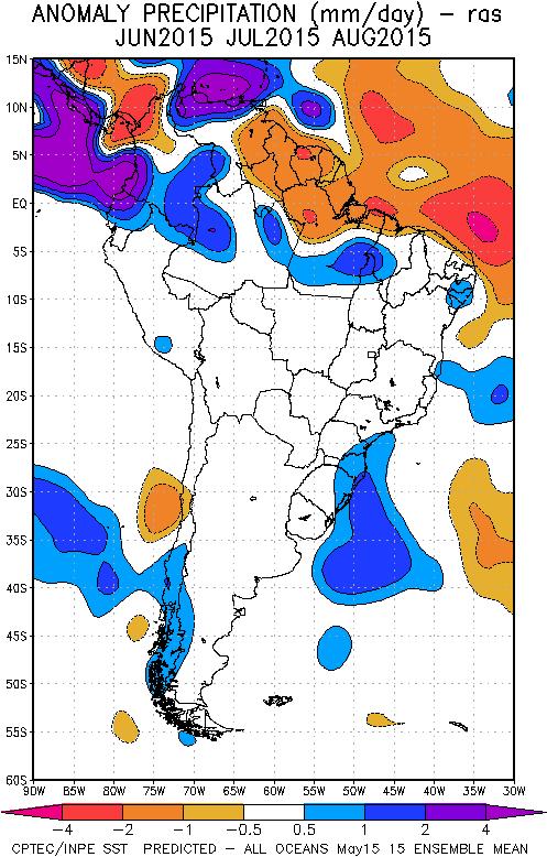 Fig. 10: Pronóstico de las anomalías de la precipitación (mm/día) método ras para los meses de JJA del 2015 en América del Sur, con datos observados del mes de mayo. Fuente: CPTEC/INPE. VI.