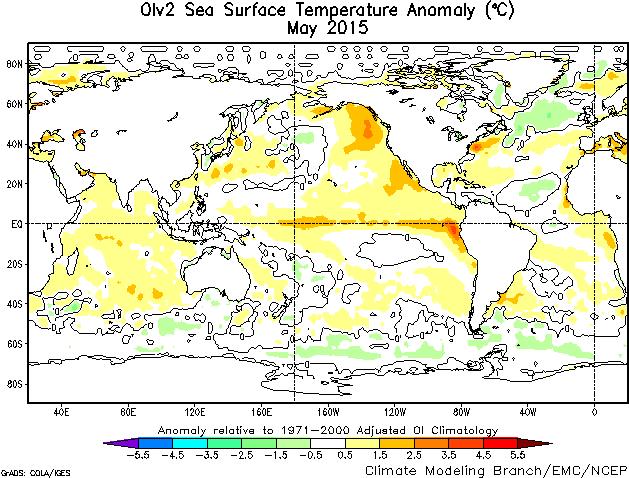 NATL Niño 3.4 Niño 1+2 SATL Fig. 1: Anomalías de temperatura superficial del mar (TSM) en C del mes de mayo de 2015. Las anomalías son calculadas utilizando la climatología del periodo base 1971-2000.