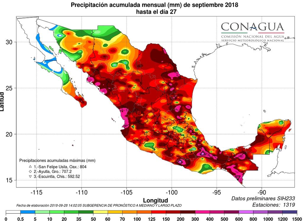 Precipitación y su anomalía registrada acumulada en lo que va del año 2018 en mm Temperaturas: análisis y pronóstico (mapas de modelos numéricos) (por localidad). T. Máx. en C: 43.5.0 en Mexicali, B.