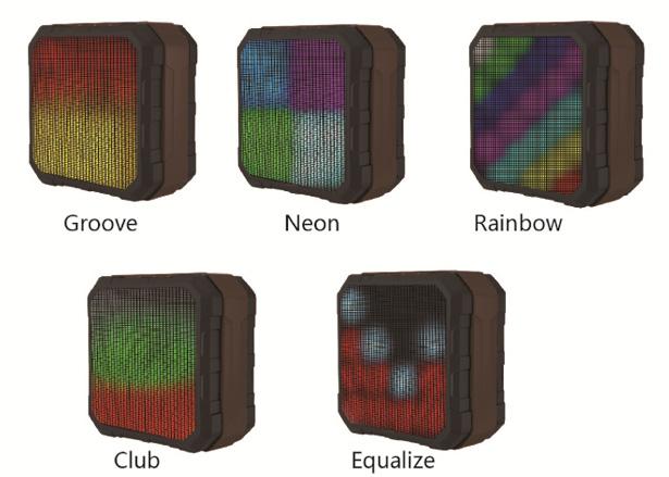 Temas LED Pulse para cambiar los temas LED, hay cinco temas diferentes Groove Neon Rainbow AUX IN Club Equalize Utilice el cable de audio de 3,5 mm incluido para conectar el altavoz a una fuente de