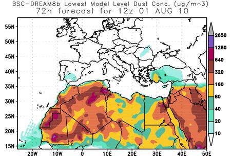 Concentración de polvo (µg/m 3 ) predicha por el modelo BSC/DREAM8b para el día 01 de agosto 2010 a las 12:00 UTC.