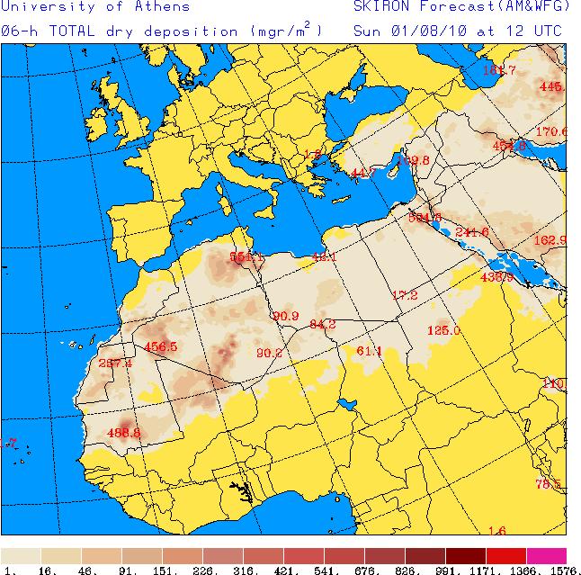 El modelo Skiron muestra bajas concentraciones de polvo africano a nivel de superficie sobre la zona sur peninsular y las Islas Canarias.