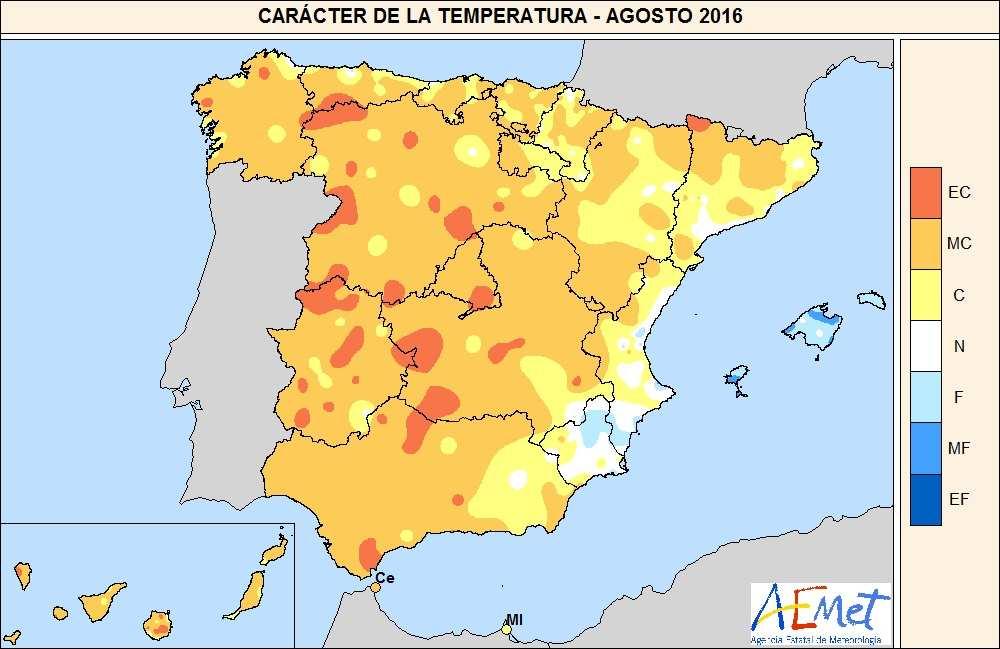 METEOROLOGÍA Y CLIMATOLOGÍA Temperatura El mes de agosto ha tenido un carácter muy cálido, con una temperatura media sobre España de 25,2º C, valor que queda 1,3º C por encima de la media de este mes