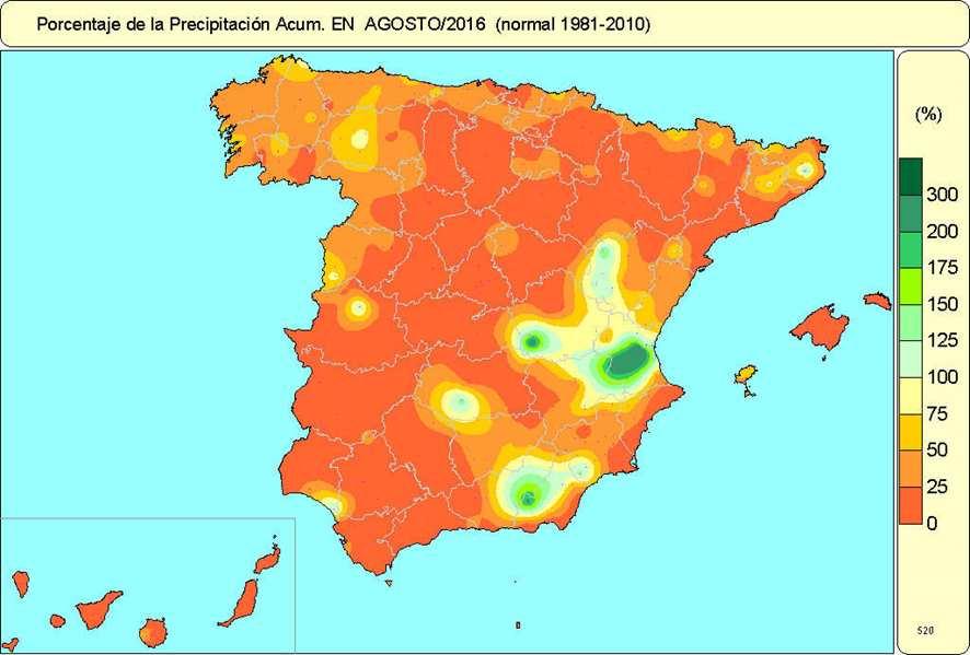 provincias de Teruel, Cuenca, Albacete, Granada y Almería. De forma puntual, también se superaron los valores normales al este de Gerona, norte de Cáceres, sur de Huelva y sur de Ciudad Real.