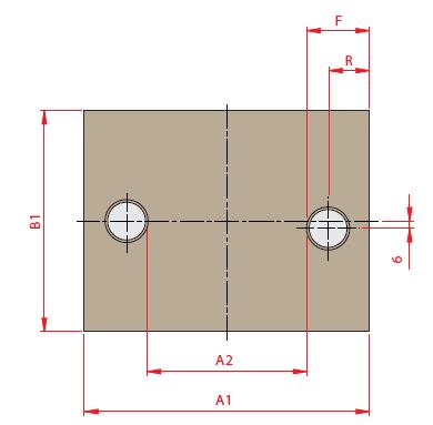 Base K8 Fórmula para Área Útil: Área Útil = A2 x B1 Ancho = B1 Largo (A1)= A2 + (2 x F) Tolerancia para los orificios: Pin = T7 Buje = H7 Base K8 Diámetro del Pin (D1) 20