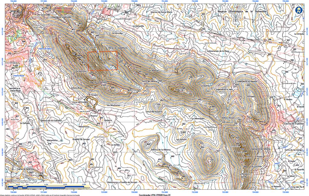 Plan de Restauración del Proyecto de Explotación Valdeflórez Figura 32 Modelo topográfico con curvas de nivel y cotas. El área marcada en rojo corresponde al área solicitada. Ríos Guadiloba y Salor.