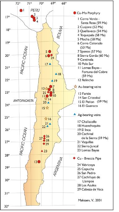 provincia metalogénica más relevante del norte de Chile, la franja de mega yacimientos de pórfido de cobre molibdeno, la que se extiende desde la región de Tarapacá hasta la región de Atacama.