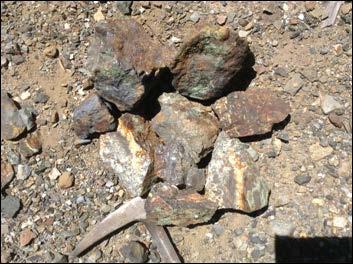 Las rocas consisten de fragmentos de vetas y brechas de cuarzo, turmalina e hidróxidos de hierro (Fig. 4.29). Figura 4.29. Labores abandonadas en mina Merceditas, sitio de toma de muestras (izquierda).