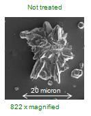 EVIDENCIA DE LA TEORÍA Acercamiento que muestra la diferencia entre cristales no tratados y tratados en cuanto a forma y tamaño 20 micron Las imágenes fueron tomadas con un microscopio electrónico en