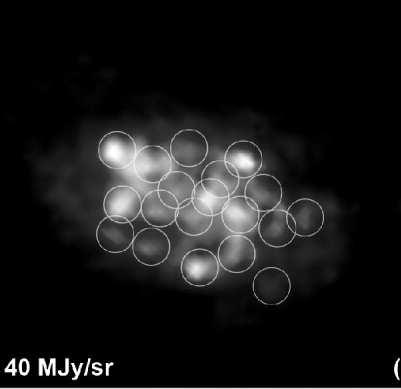 A 24µm emite el polvo más caliente, es decir asociado con las estrellas más jóvenes y calientes.