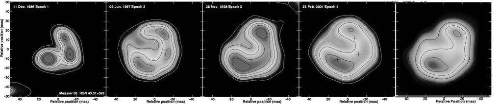 32+592 es una de las fuentes radio más intensas en M82 y tiene la forma clásica de una SNR que se