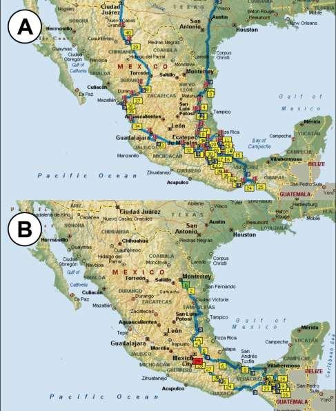 Fig. 4. Viajes de colecta reconstruidas por una base de datos de colectas en Mexico. Los números representan la secuencia de paradas. A. Viaje de S.L. Wood en 1953. B. Viaje de D.E. Bright en 1969.