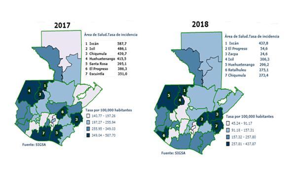 Mapa 1 Diarrea en menores de 5 años, tasa incidencia acumulada por área de salud, Guatemala 2017-2018, S.E.
